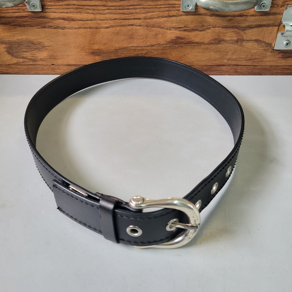 CK Calvin Klein Mens Size L 38-40 Silver Tone Buckle Black Bonded‎ Leather Belt